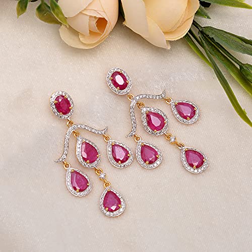 14K Yellow Gold Ruby Gemstone Chandelier Drop Dangle Earring For Women – 7.82 Carat Ruby Birthstone Natural Brilliant Cut Diamonds 1.68 Carats (Hi Color, Si Clarity) Fine Earring For Girls C #TOP2