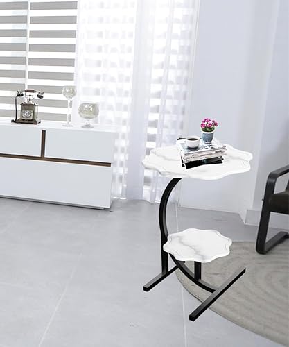Miniatura 2 de LITAITAI Mesa auxiliar pequeña en forma de C con textura de mármol en forma de flor de 2 capas, mesa auxiliar para sofá, mesita de noche para sala