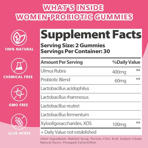 Image of Feminine Vaginal Probiotics Gummies, Supports pH Balance & Digestive Health, Slippery Elm for Women, Suagr-Free, Veagn, Pineapple Flavor, 60 Count