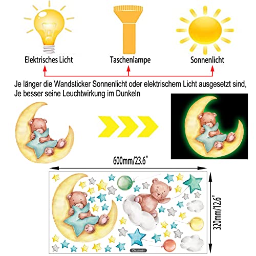Leuchtsterne Wandtattoo Kinderzimmer Deko, Kleiner Bär Leuchtender Wandaufkleber für Kinder Schlafzimmer, Babybär Leuchtsticker Wandsticker, Leuchtmond Wanddeko Geschenk für Babyzimmer Mädchen Jungen