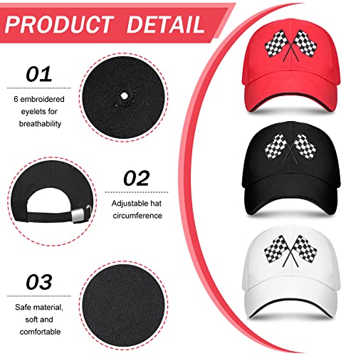 3 Pieces Baseball Cap For Men Women Checkered Flags Race Car Flag Adjustable Washable Trucker Hat Embroidery Unisex Dad Hat Sports Cap, White, Red, Black #TOP2