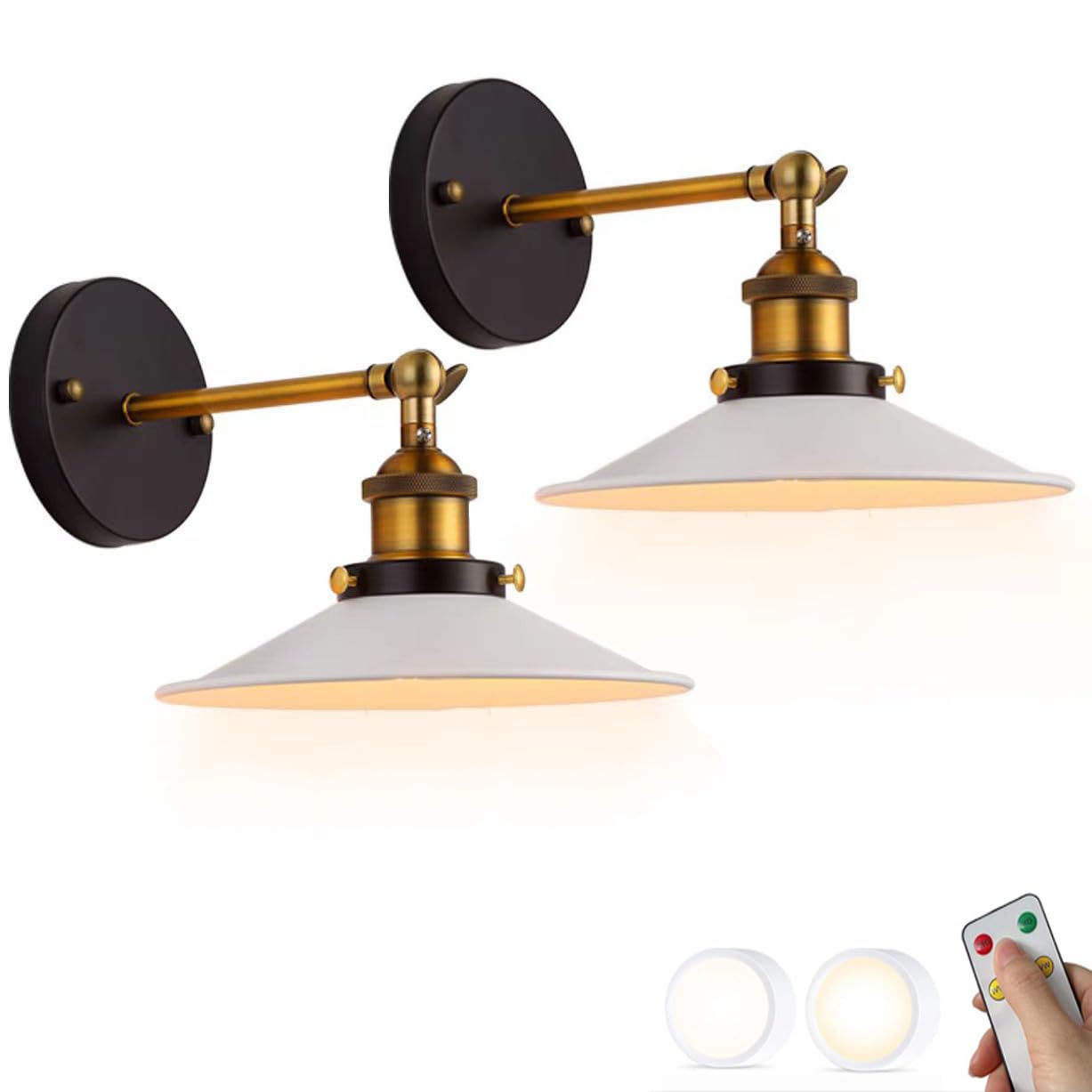 Biała lampka nocna na baterie, styl wiejski, zestaw 2 sztuk, czarne regulowane ramiona, bezprzewodowa lampa ścienna z pilotem do sypialni, nowoczesny styl industrialny z połowy wieku,