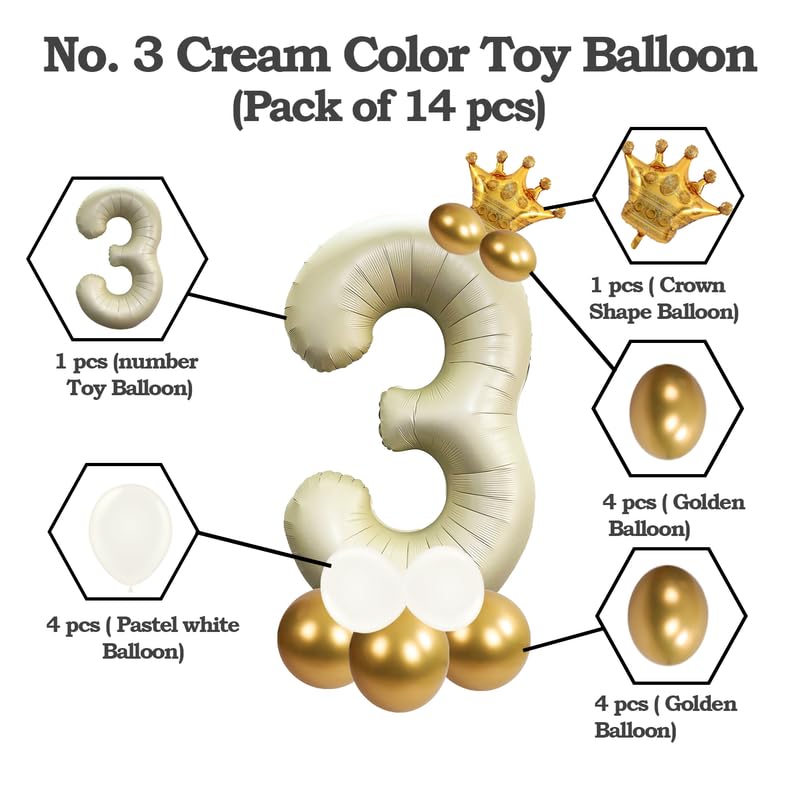Image of Cream Color 32 Inch Number 3 Helium Foil Balloon for Birthday Decoration Items | Anniversary Decoration Items | Pack of 14