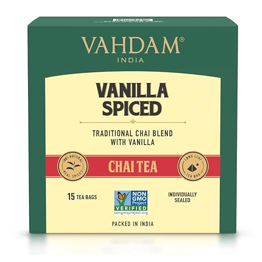 Vanilla Spiced Masala Tea Bags - 15 Long Leaf Pyramid TBs | Black Tea, Vanilla Extracts, Cappucino Extracts, Cinnamon, Cloves, Black Pepper & Cardamom | Whole Ingredients