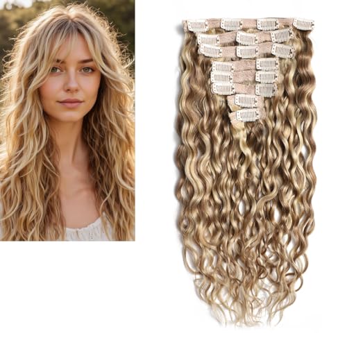 LARAFONA - Extension con clip in capelli veri, 9A, grandi ricci, balayage con riflessi biondi su marrone, Virgin Remy, extension in capelli umani, P8/613#, 40 cm/16 pollici