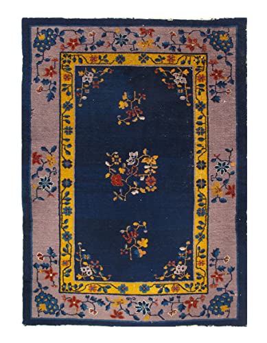 Navy Blue Antique Chinese Art Deco Rug 4'2'' X 5'11''