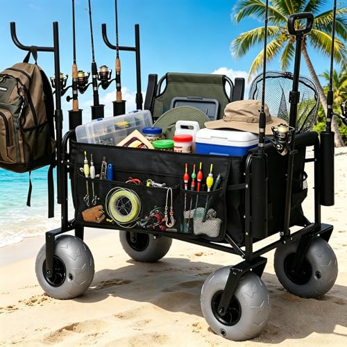 Fishing Cart with Big Wheels for Sand, Fishing Cart with Rod Holders, 9' All-Terrain Wheels, Equipped with a Rod Holder and Side Pockets Can All Your Fishing, Camping or Beach Supplies Black & Yellow