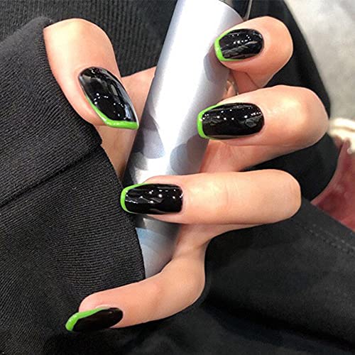 RikView Black Green Fake Nails French Oval Glossy Press on Nails Short False Nails Full Cover Acrylic Nails with Glue Sticker 24PCS/Set