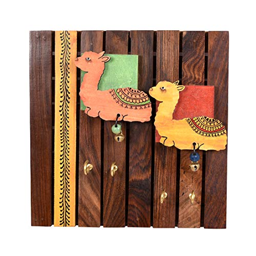 Image of Aakriti Art Creations Key Holder, Handcrafted Tribal Art Wooden Strips & Birds Design Key Hanger| Rustic Wood Wall Organizer with 4 Hooks | Storage Shelf For Keys, Hats| Multifunctional Entryway Decor