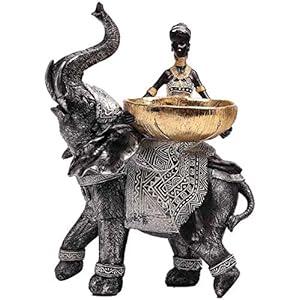 African Design Silver African Elephant and Tribal Lady Figurines with Tribal Totem, Animal and Women Decor Art Sculptures, Holder Statues for Home and Table Decor 911-Black
