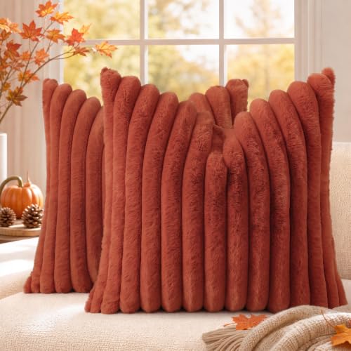 Image of decorUhome Fall Faux Fur Throw Pillow Covers 20x20 Set of 2 Rust