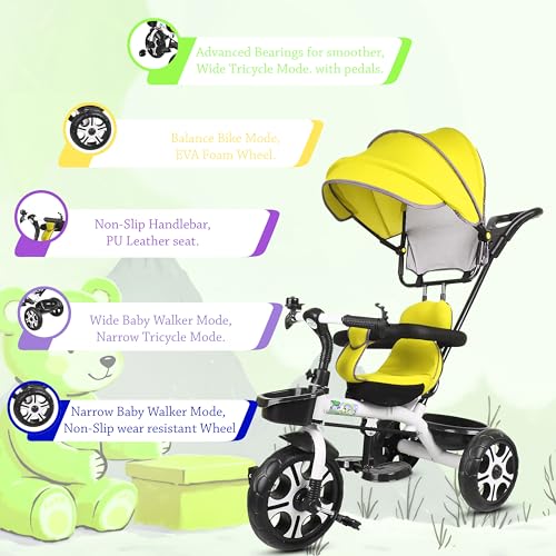 Image of BABY SMILE 4-in-1 Kids Tricycle with Adjustable Canopy, Parent Push Handle, Red and White (Yellow)