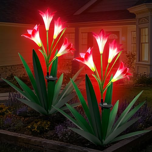 Homight Solar Metal Agave Lily Flower Garden Sculpture with LED Lights 30.3 Inch Waterproof Outdoor/Indoor Yard Decor Handmade Lawn Ornament Gift for Family Friends (2, Grass Green)