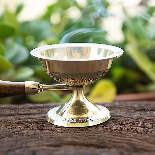 Image of Alodie - Brass Sambrani Stand & Loban Dhoop Dani Burner with Wooden Handle for Kapur - Sambrani Dhoop Holder Pooja Items for Home (Medium 9x3.5x2.8)