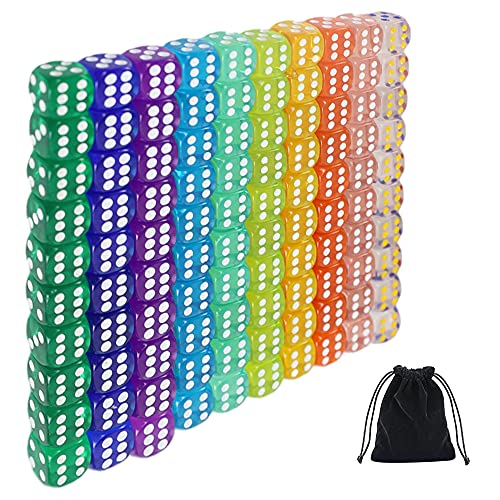 100 Pieces 6-Sided Games Dice Set, 10 Colors Acrylic Dice with a Velvet Pouch for Playing Games, Like Board Games, Dice Games, Math Games(16mm)