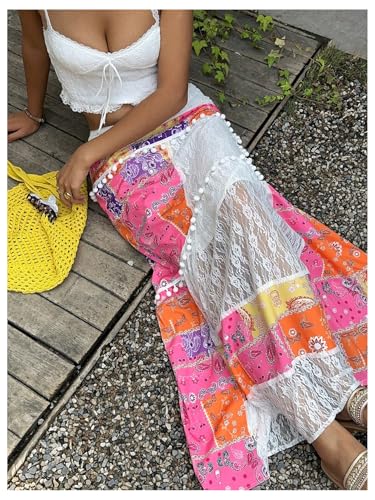 GORGLITTER Women's Lace Patchwork Boho Maxi Skirt Floral Paisley Pompom A Line Peasant Renaissance Skirts3