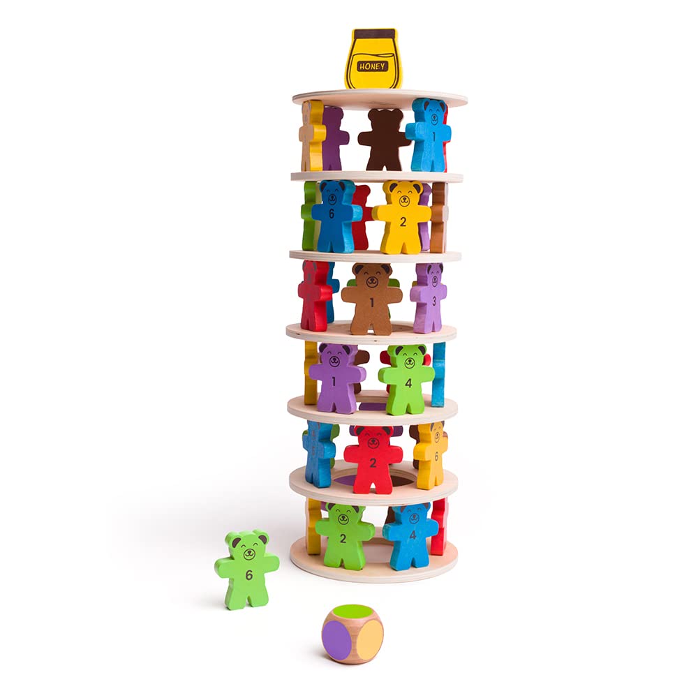 Bigjigs Toys Teddy Tumbling Tower Game - 49pc Tour d'empilement pour Plus de 3 Ans, Puzzles d'équilibrage coloré, Jouets d'empilement en Bois de qualité et Jouets Montessori pour Enfants