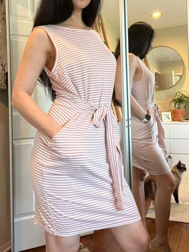 IFFEI Mommy and Me Dresses Womens Summer Sleeveless Striped Girls Dress Casual Tie Waist Mini Matching Family Dresses3