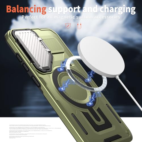 Image of Bumper Case Designed for Samsung Galaxy S24 FE Kickstand Case with Camera Cover, Compatible with Magsafe Built-in Rotatable Magnetic Heavy Duty Shockproof Phone Cover - Green