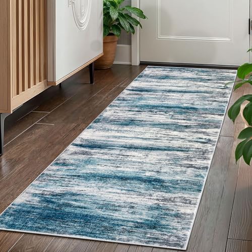 KOZYFLY Modern Abstract Hallway Runner Rug, 2x5 Washable Rug Runner Non-Slip Soft Striped Kitchen Runner Rugs, Print Distressed Blue Carpet Runner for Entryway Bathroom Laundry Room Foyer