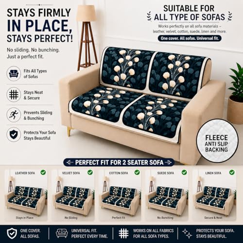 Image of Homerz Premium 'Luxe Series' Sofa Cover | Holland Velvet Fabric | Smooth Finish | Anti-Slip Fleece Backing Couch Protector (Terrace Vein, 2 Seater, Seat Cover with Backrest)