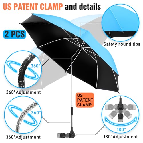 Image of 2 PACK Beach Umbrella with Clamp, 360 Adjustable Umbrellas for Chair, UPF50+ Umbrella for Beach Chair, Patio Chair, Wheelchair, Camping Chair, Golf Carts (Chair Not Included)