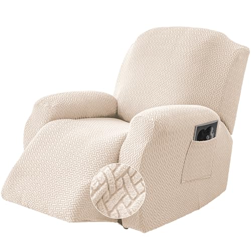 Image of Genina Recliner Chair Cover, Stretch Reclining Chair Covers, Recliner Sofa Slipcovers Stripe Jacquard Lazy Couch Covers Furniture Protector Covers for Pet Kid (Beige, 1 Seat)