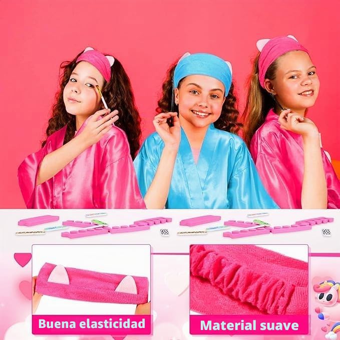 MSYU Juego de 30 piezas de suministros de fiesta de spa para niñas, batas de satén para fiestas de pijamas, suministros para fiestas de pijamas con diadema y venda para los ojos, regalo de cumpleaños