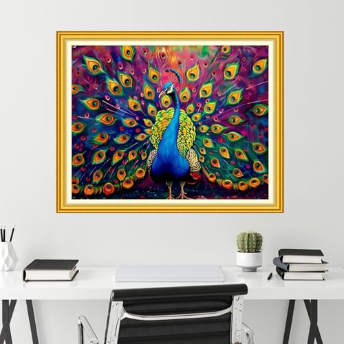 Image of Funchey Stamped Cross Stitch Kits, DIY Cross Stitch Pattern for Adults Beginners Needlepoint Kits Embroidery Kit Arts and Crafts 11CT-Colorful Peacock 16x20 inch