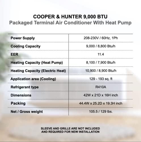 Cooper & Hunter 9,000 Btu Ptac/Pthp Packaged Terminal Unit With Heater, Electric Cord Included #TOP6