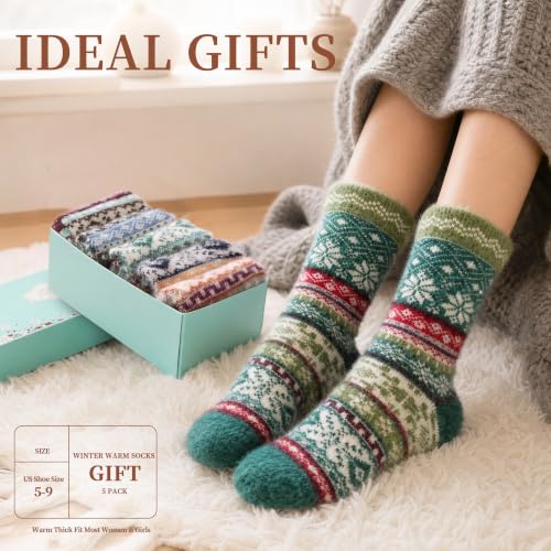 Image of ICEIVY 5 Pair Fuzzy Cozy Socks for Women - Warm Comfy Soft Casual Home Sleep Winter Wool Socks - Gifts for Women