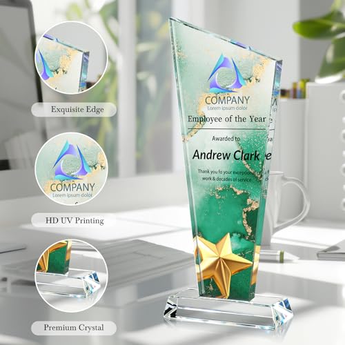 Image of Custom Crystal Trophy Award Personalized Plaque Award with Text Logo Photo Awards Trophies for Employee Recognition Team Graduation Personalized Office Gifts for Boss Coworker Teacher