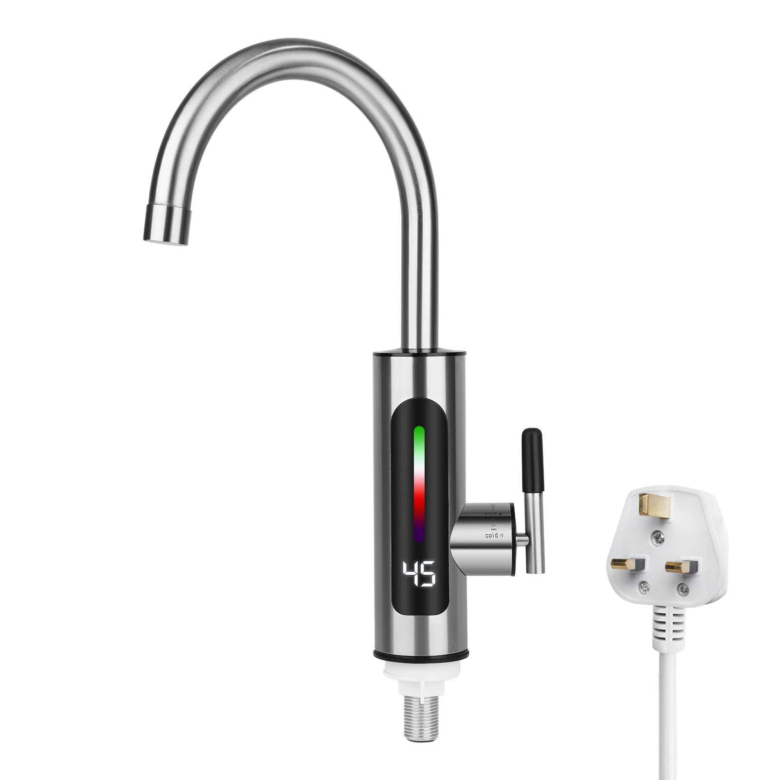 Robinet électrique avec chauffe-eau instantané 230V pour cuisine, 3000W acier inoxydable, affichage LED température, pivotant 360°, chauffe-eau instantané pour mitigeur cuisine.