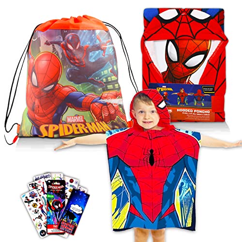 Marvel Spiderman Hooded Towel Set for Kids - Bundle with Spiderman Hooded Microfiber Towel, Drawstring Bag, Tattoos and More (Spiderman Pool and Bathroom Set)