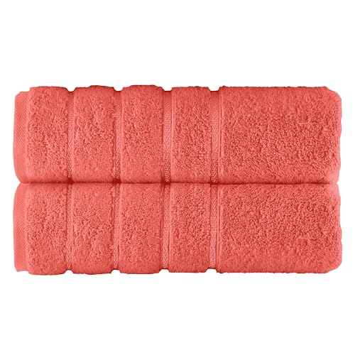 Image of Elegant Comfort 100% Turkish Cotton 4 Lines Viscose Stripe Luxury 2 Pack Bath Towel Set 27 x 54 Inch - Super Soft and Highly Absorbent Premium Hotel Spa Quality Towels for Bathroom Use, Coral