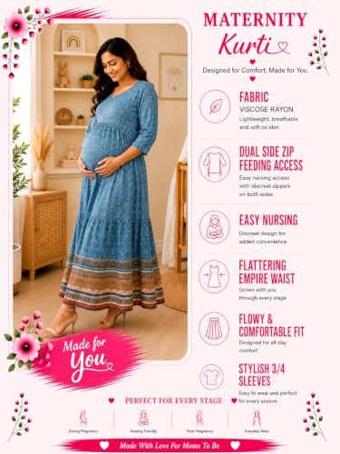 Image of RITIJYA Feeding Kurta for Women with Zip | Maternity Kurti for Nursing Mothers | Concealed Zipper, Extra Pleats Pre to Post Pregnancy | Quick-Dry Comfort Fabric | S-4XL