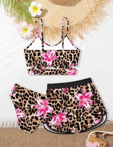 Image of Girls Swimsuit 3 Piece Bathing Suit Criss Cross Bikini Set Girls' Swimwear with Shorts 7-16T