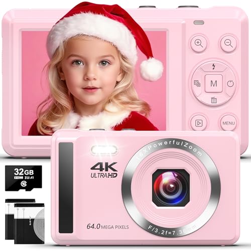 Digitalkamera 4K 64 MP mit Autofokus | Tragbare Kompaktkamera mit 32 GB TF-Karte, 1200mAh Batterie und USB-Kabel | Ideal für Kinder, Teenager und Anfänger
