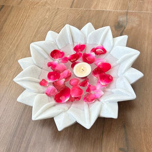 Image of Marble Urli Bowl for Decoration | Big Potpourri Decorative Bowls in Home decor | Large White Floating Flower Plates of Stone | Small Shape puja Item | (10 inch, Lotus Crest)