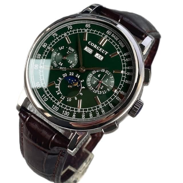 WatchAE - 42mm Corgeut Pink/Blue/Black/White Dial Rose Gold/Silver Automatic Men Watches Month Week Year Moon Phase Function Leather Strap