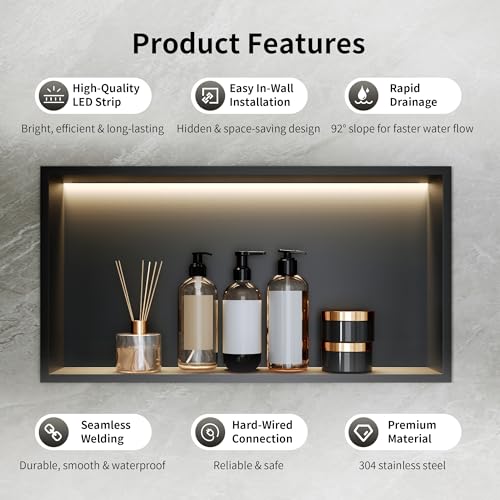 DeerValley 25" X 13" LED Shower Niche Matte Black 304 Stainless Steel Recessed Bathroom Wall Niche with 4000K LED Lighting Waterproof Shower Storage No Tile Needed DV-1SN0517 by DeerValley - Image 4