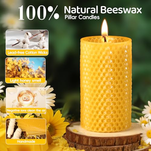 Image of Beeswax Pillar Candles,Non-Toxic Honeycomb Bees Wax Candle for Home,Yellow | 2x4 inch,12 Pack,240 H long clean Burning,100% Pure,natural unscented,smokeless,candle for home,emergency,prayer,dinner
