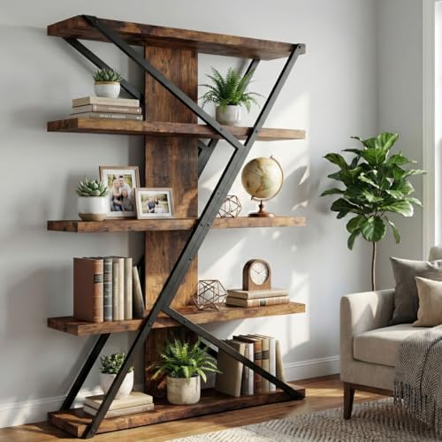 FUSUNBAO Industrial Bookshelf, Vintage 5-Tier Tall Bookcase with Wood and Metal Frame, Rustic Large Display Shelf for Home Office, 67" H x 47" L x 12" W, Rustic Brown