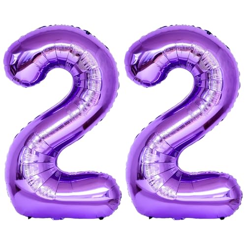 Image of Number 22 Purple Balloons 40 Inch Giant Purple Foil 22 Helium Balloons for 22th Purple Birthday Party Supplies 22th Anniversary Events Decorations