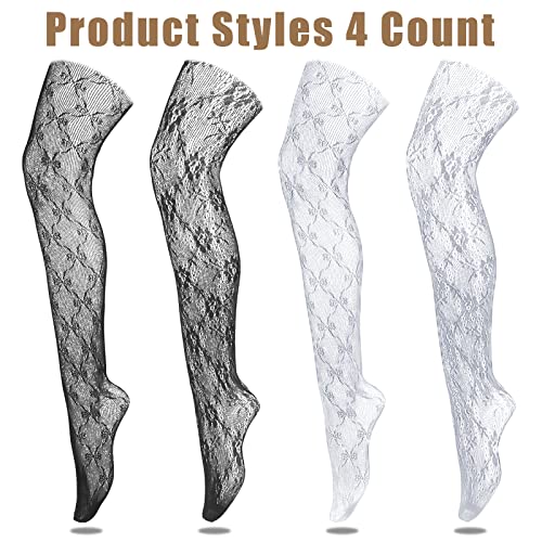 Jiuguva 4 Pack Women Lace Tights White Black Fishnet Stockings Floral Mesh Pantyhose Stockings Leggings Bow Patterned Tights for Women Halloween2