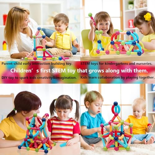 Image of PLUSPOINT Magnetic Sticks Blocks for Kids Tiles 64 Pieces Set Gifts for Girls, Boys, Magnetic Blocks for Kid 3+ Years, 4 5 6 7 8 9 10 Constructing & Learning Builder Educational Kids Magnetic Block