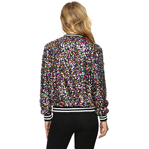 Womens Long Sleeve Sequin Open Front Zipper Jacket With Ribbed Cuffs Plus Size Sequin Blazer For Party Birthday Christmas (Multicolored Medium) #TOP5