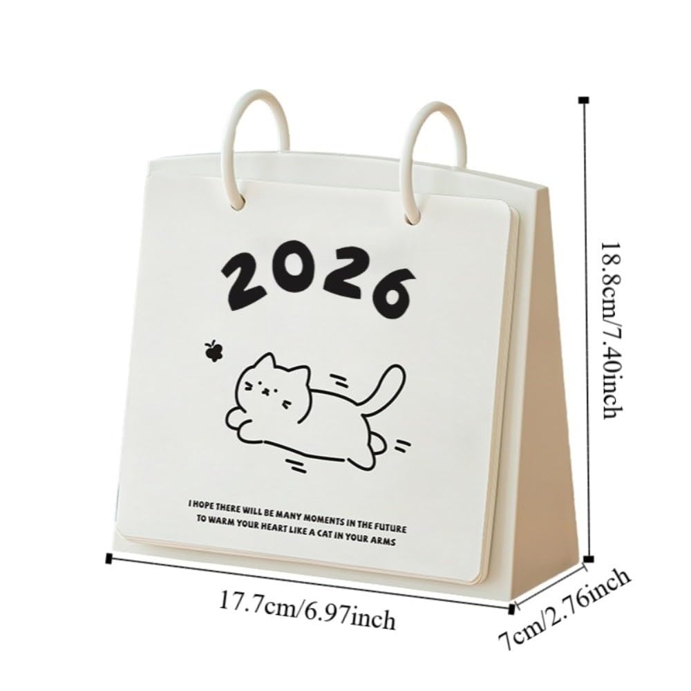 Kalendarz 2026 Kreatywny plastikowy kalendarz biurkowy na rok 2026 z kreskówkowym wzorem kota, planer dzienny, stabilna podstawa, przenośny, stojący, z klapką, biurowy Kalendarz miesięczny 2026(Rot)
