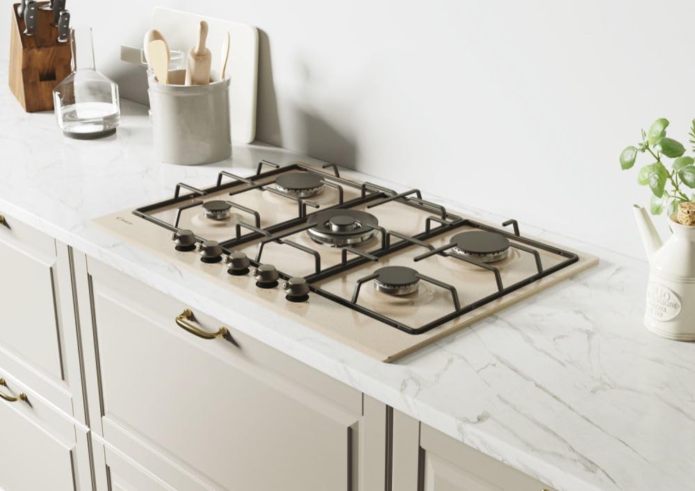 Candy Classic Piano Cottura a Gas 5 Fuochi, Acciaio Inossidabile, Bruciatore a Doppia Corona, Griglie Smaltate Leggere e Lavabili in Lavastoviglie, 74,5 x 51 x 3,5 cm, Color Avena - CHW7AV4WGT