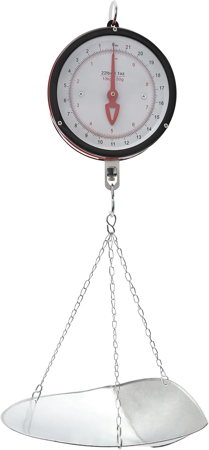 Double-Sided Dial Hanging Scale, 10kg/22lbs Mechanical Hanging Scale with Tray/Chain, Circular Large Display Spring Dial Weight Scale for Farm Kitchen Food and Produce (Red)